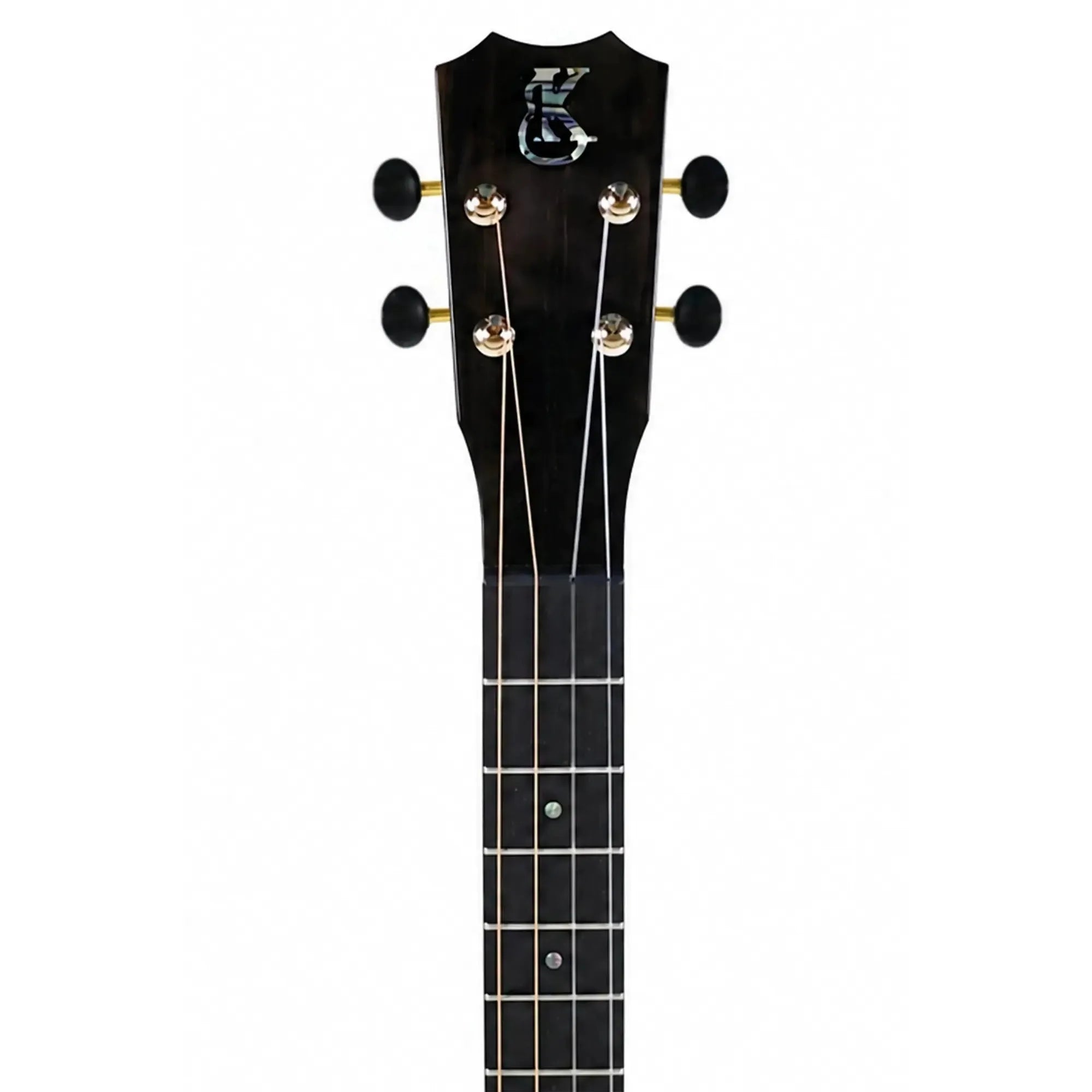 Kanile'a KPA-B Pro Baritone Ukulele ebony headstock with crown, Paūa abalone logo, and black tuners.