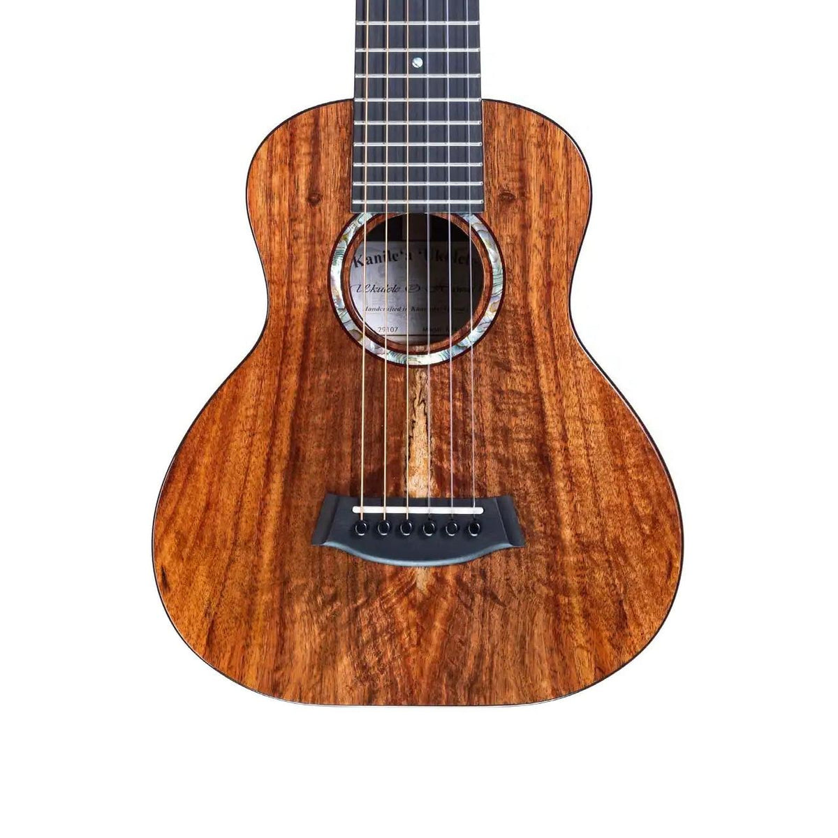 Example photo: an earlier Kanile'a KPA GL6 Core guitarlele, serial 29107, body front with Deluxe Grade koa and Paua abalone rosette