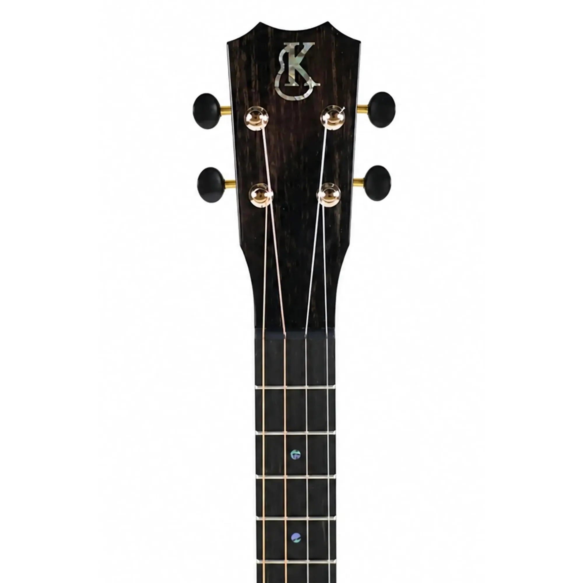 Kanile'a KPA-T Pro Tenor Ukulele headstock with ebony, gold tuners, and paūa abalone logo.