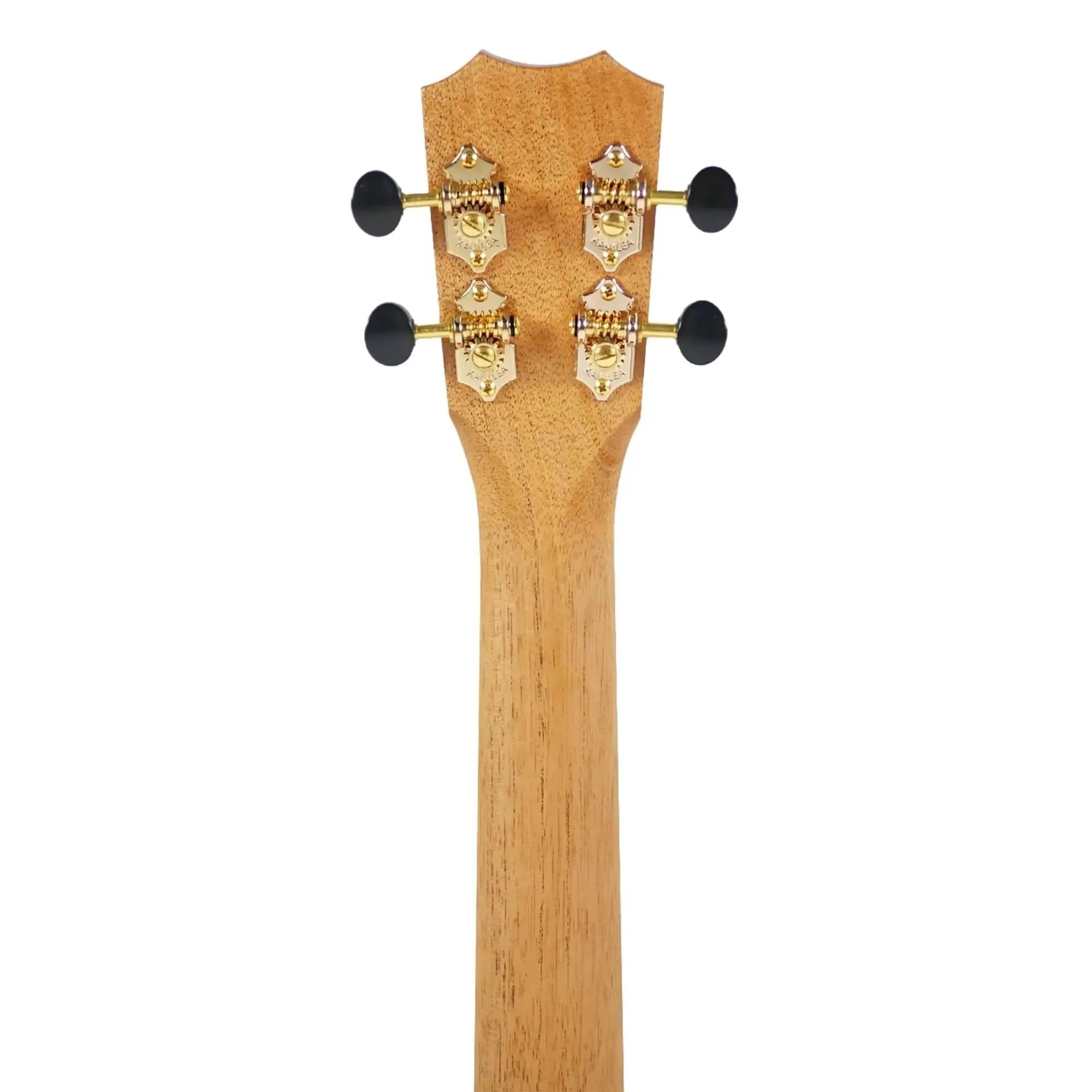 Back of Kanile'a KPA-T Pro Tenor Ukulele headstock and mahogany neck with gold tuners.