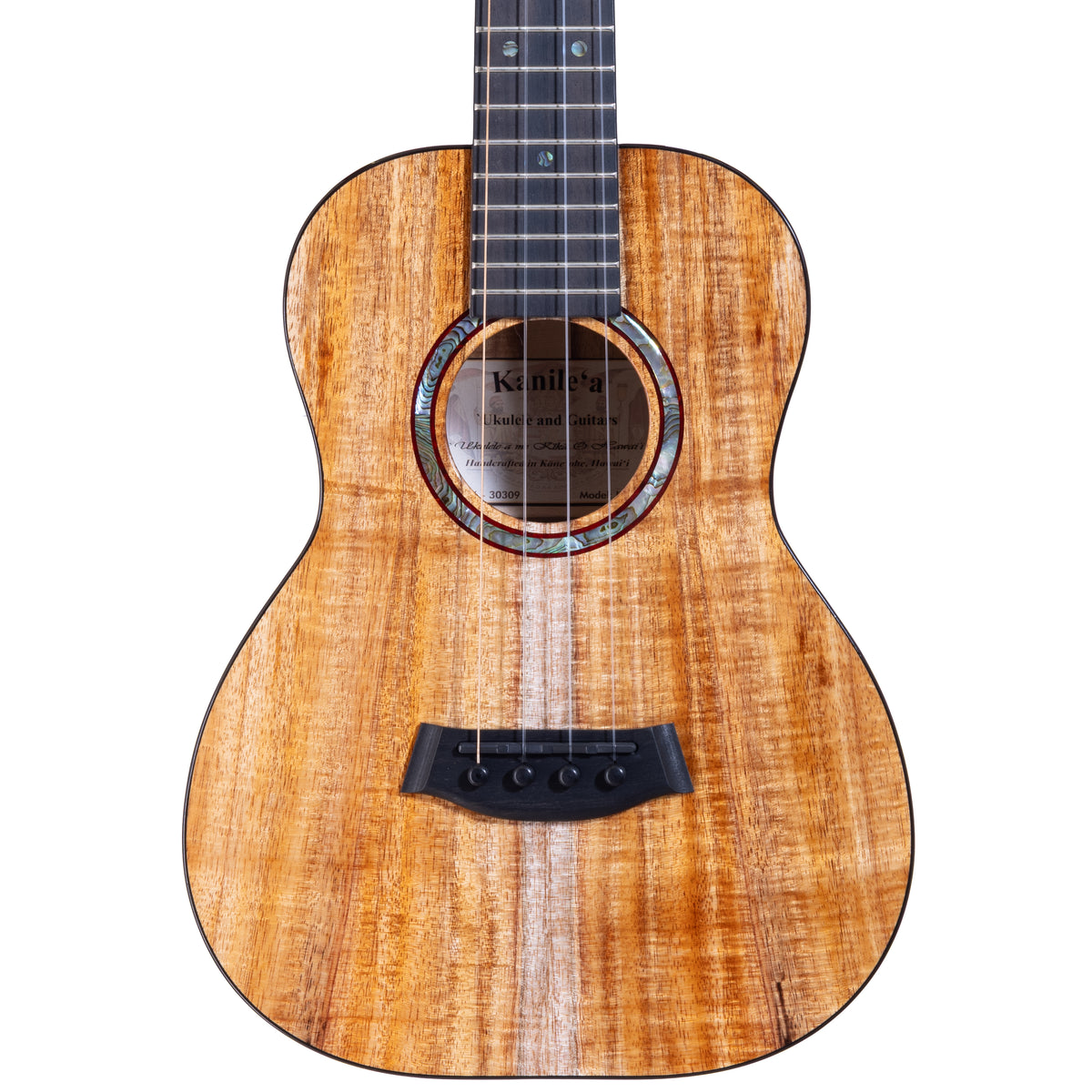 Close-up of the koa top, ebony bridge and abalone-ringed soundhole on Kanile'a KPA Pro tenor ukulele, serial 30309