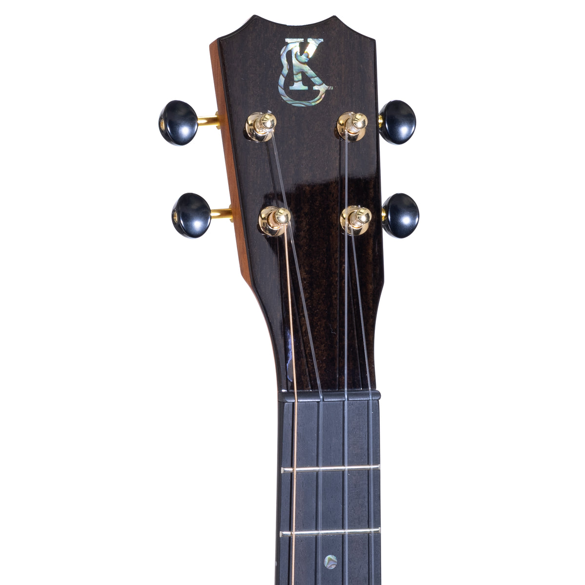 Crown headstock with Pāua abalone Kanile'a logo and gold open gear tuners on Kanile'a KPA Pro tenor ukulele, serial 30309