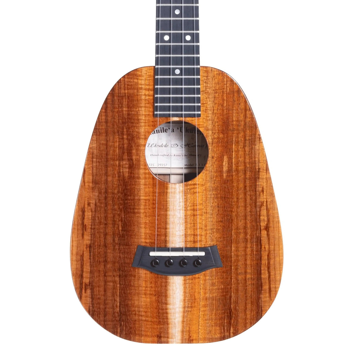 Example photo: an earlier Kanile'a P-1 Core pineapple tenor, serial 29257, body front with Deluxe Grade koa