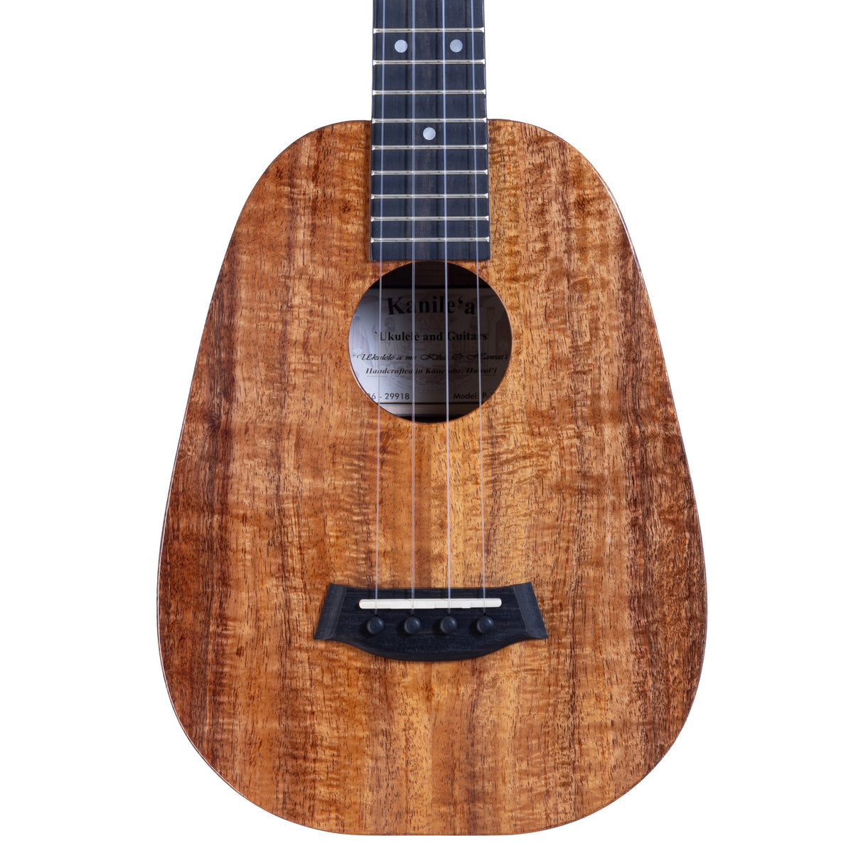Example photo: a Kanile'a P-1 Core pineapple tenor, serial 29918, body front with Deluxe Grade koa