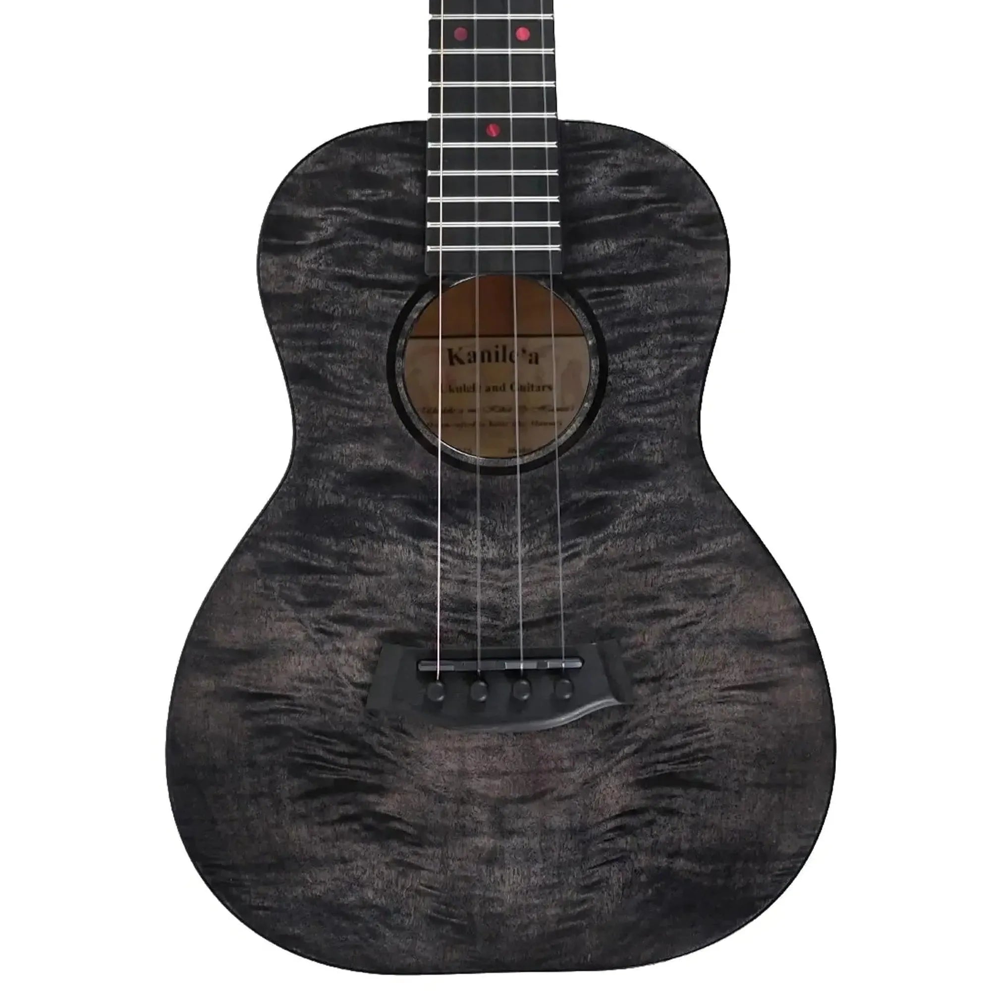Kanile'a PŌHAKU-T Pro Tenor Ukulele with black stain flamed maple body and ebony bridge.