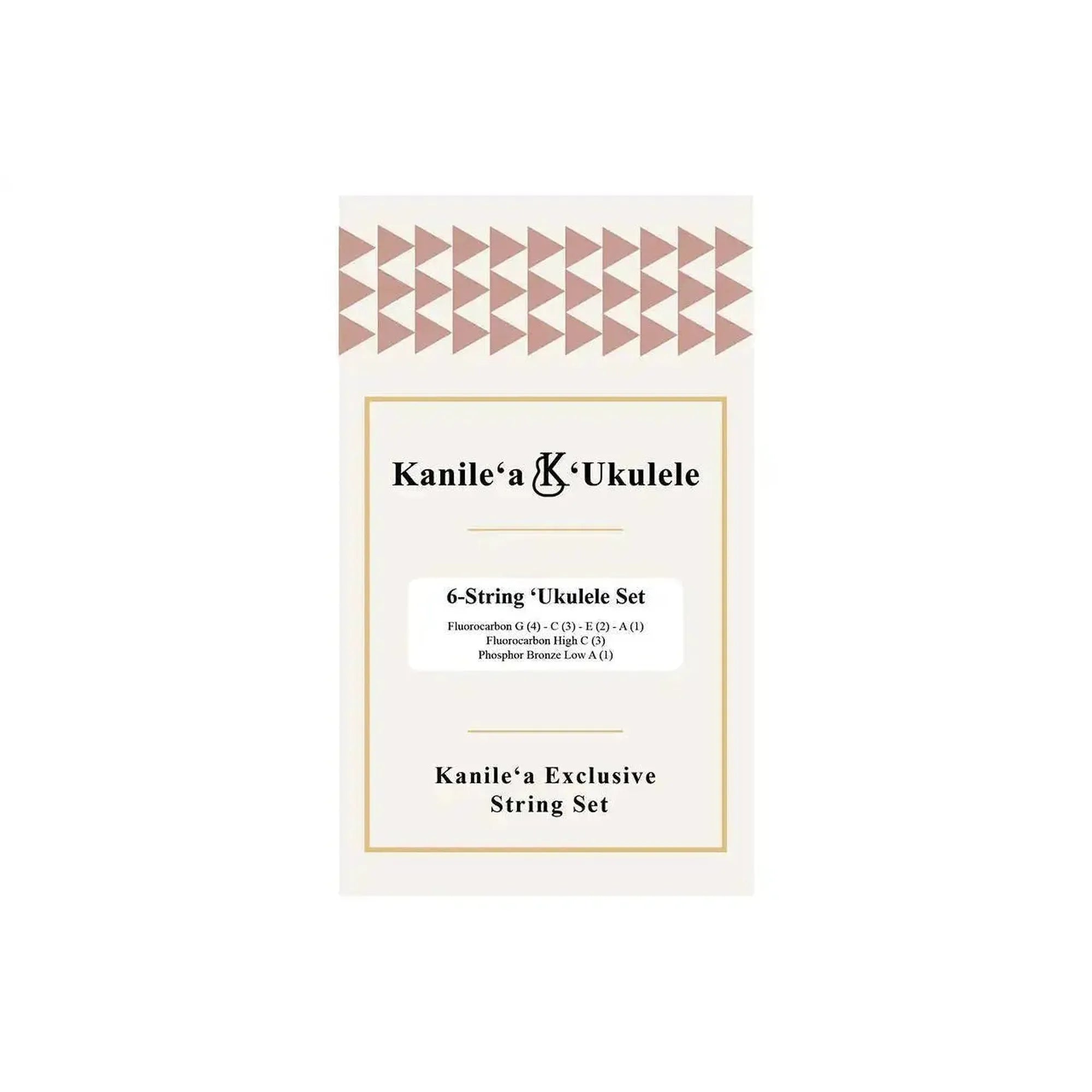 Kanile'a x Worth 6-string ukulele string set packaging with gold trim and pink triangle pattern.