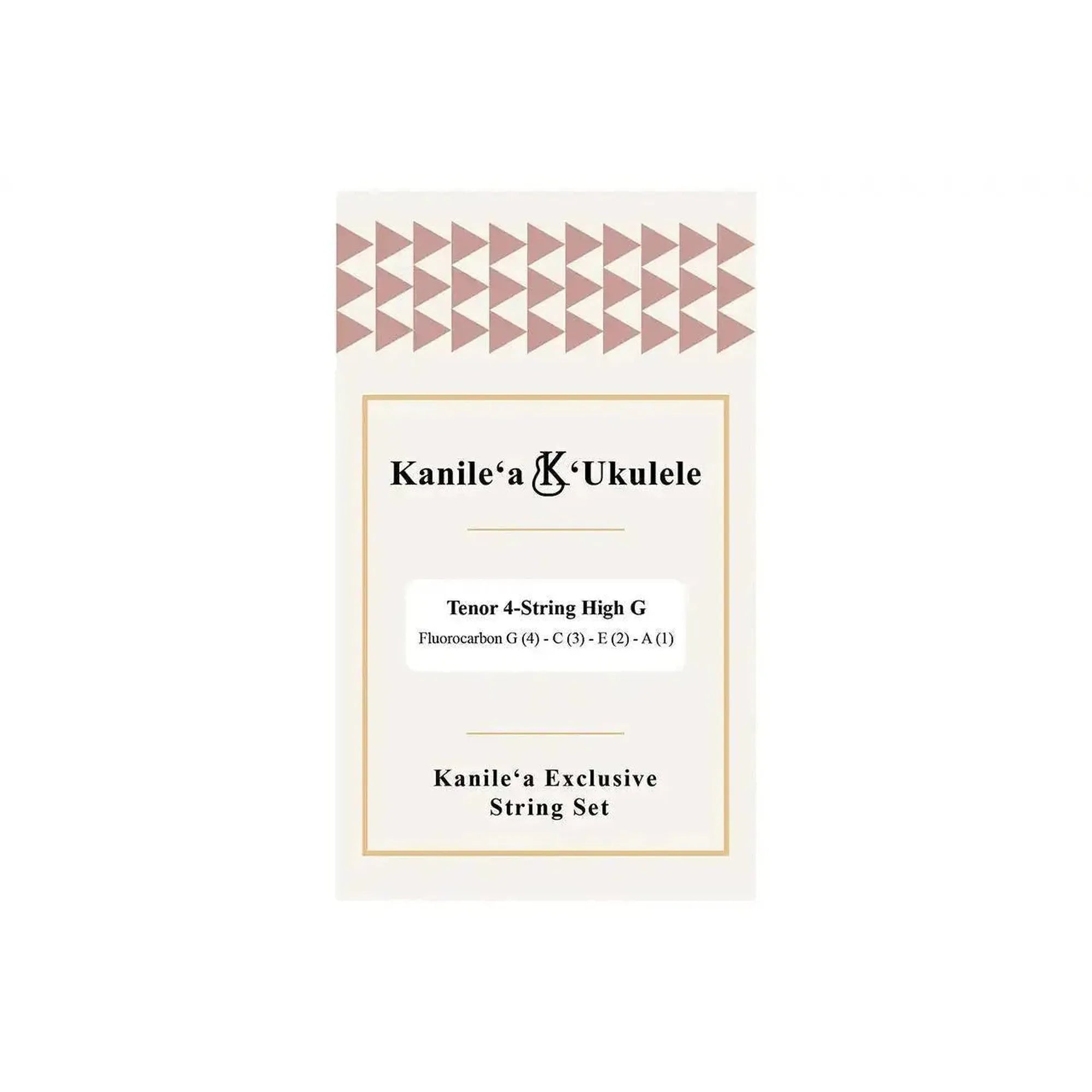Kanile'a x Worth Tenor Ukulele Strings, 4-string high G fluorocarbon set, in white and pink packaging.