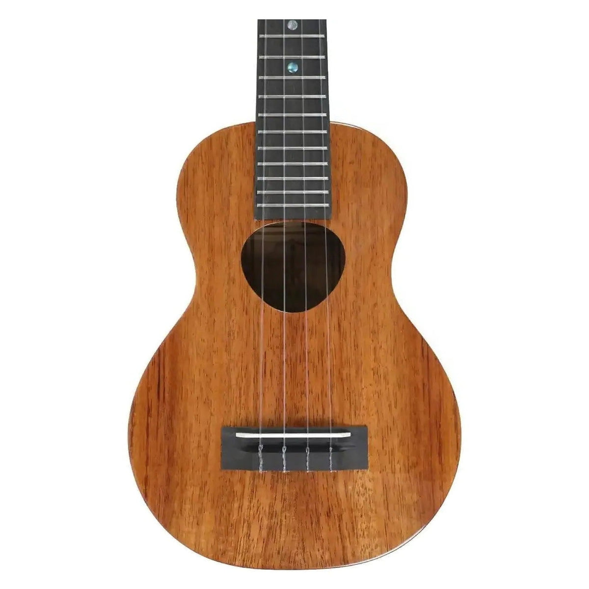 Example photo: body front of a KoAloha solid koa concert ukulele (representative photo), showing the soundhole and bridge