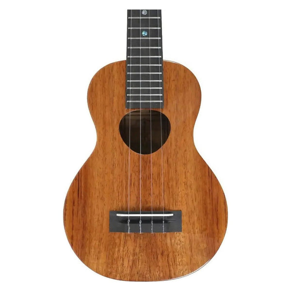 Example photo: KoAloha KCM-02, the gloss version of the KCM-12, front of the Hawaiian koa body with the Musubi soundhole, ebony bridge and lower frets