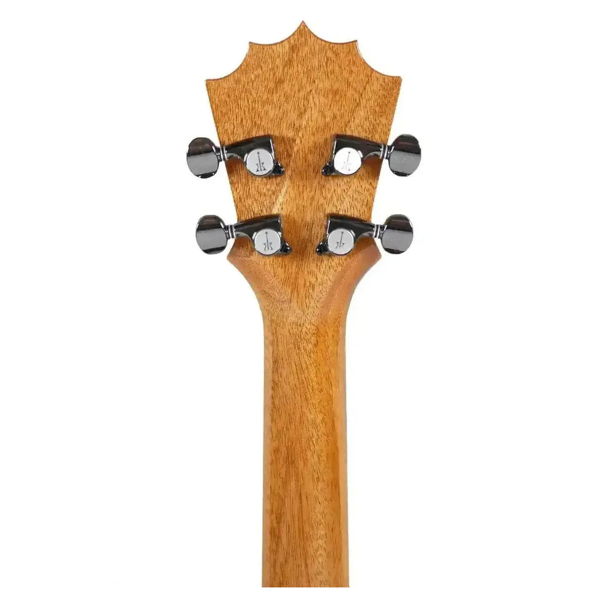 Example photo: headstock back of a KoAloha KTM-00 gloss tenor, showing the dark geared tuners and neck (the same headstock as a gloss KCM-02 tenor neck)
