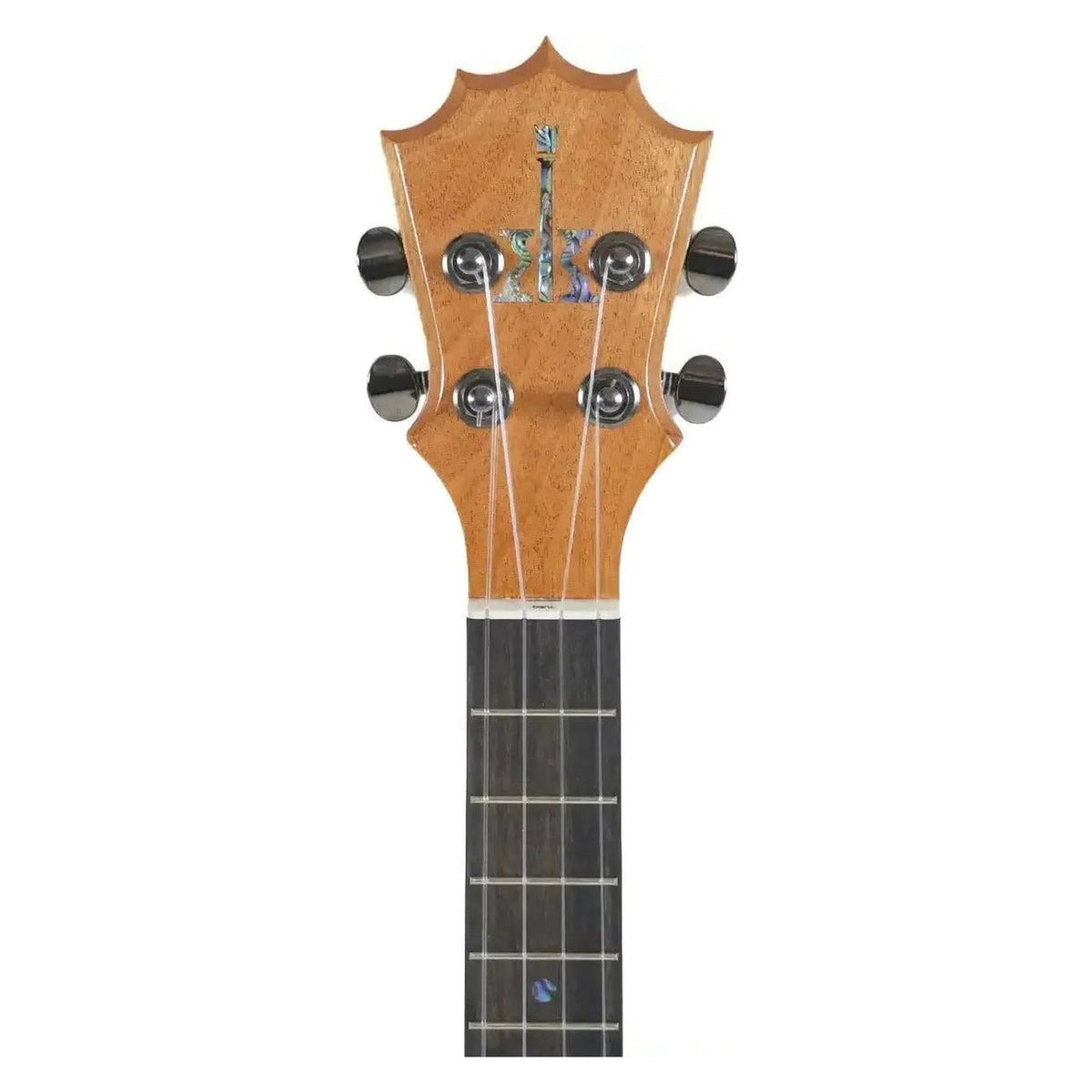 Example photo: headstock front of a KoAloha concert tenor neck with the light koa head plate, 5-pointed crown, abalone logo and dark tuners (the same head plate and tuners as a satin KCM-12)