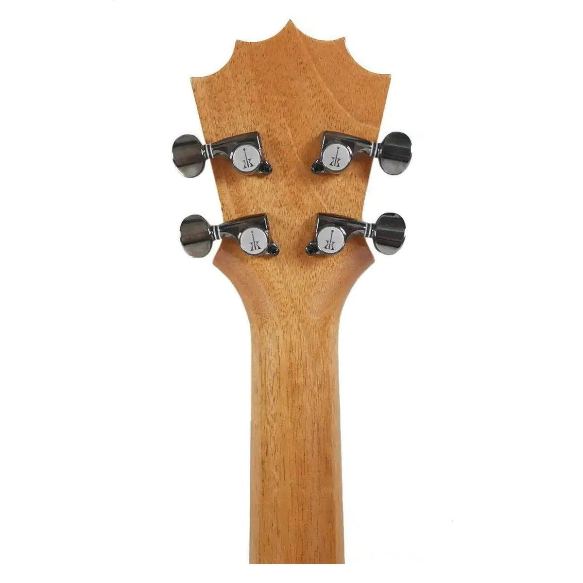 Example photo: back of the crown headstock of a KoAloha concert tenor neck with dark geared tuners (the same tuners as a satin KCM-12)
