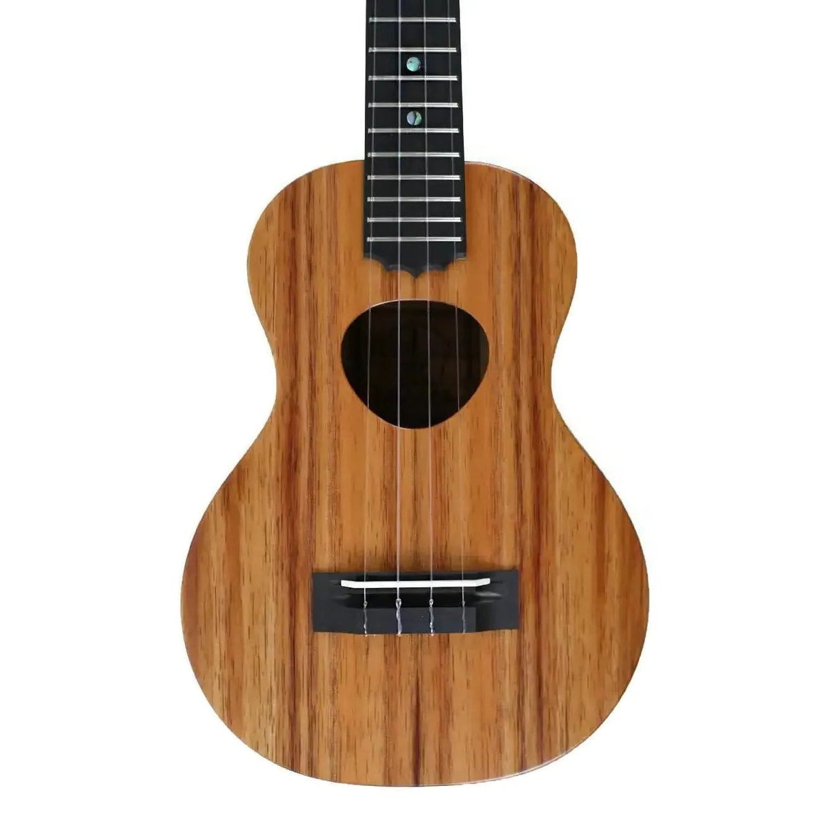 KoAloha KCM-10 Pikake concert ukulele, unit #1, close-up of the Hawaiian koa top, soundhole and ebony bridge