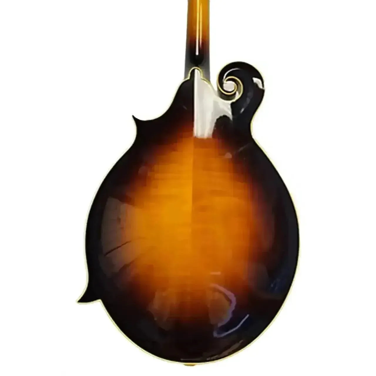 Back of a Kentucky KM-1000 F-Model mandolin with a sunburst nitrocellulose finish and flamed maple.