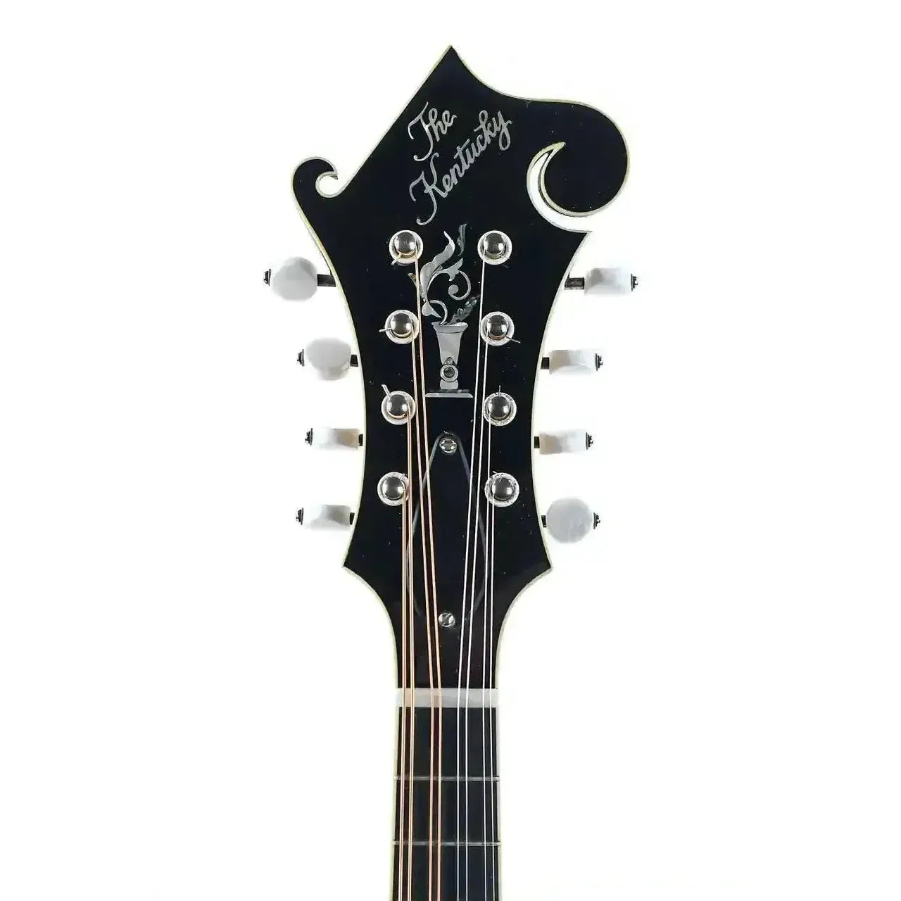 Kentucky KM-1000 F-Model mandolin headstock with "The Kentucky" logo and pearl flower pot inlay.