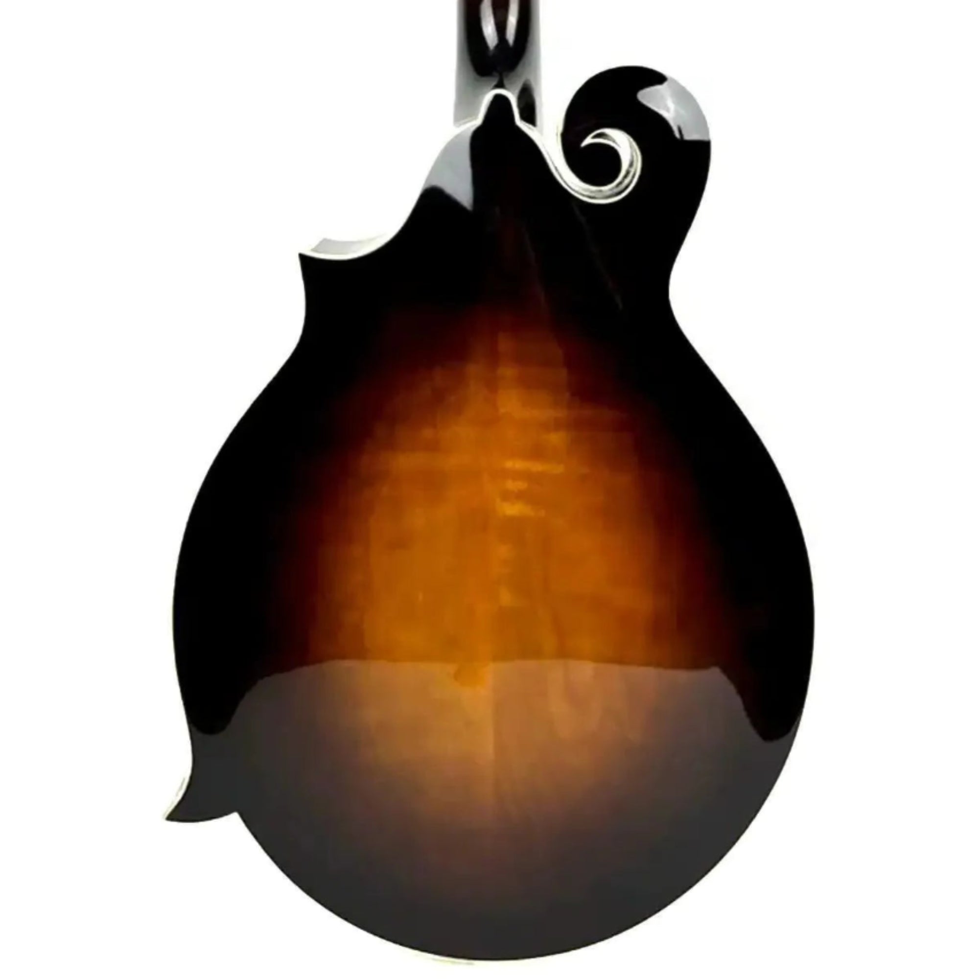 Back of a Kentucky KM-1050 F-Model mandolin with a sunburst flamed maple finish.