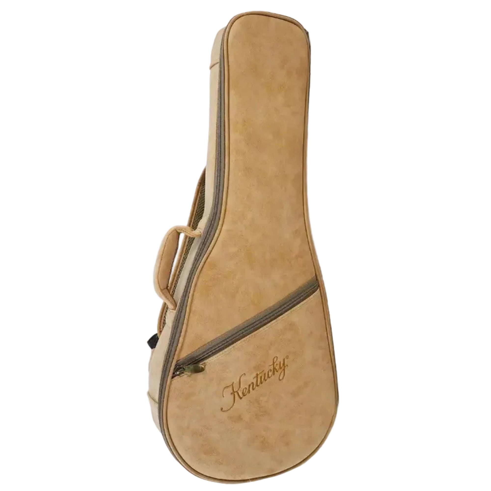 Kentucky mandolin soft case in tan with embroidered logo and zipper pocket.