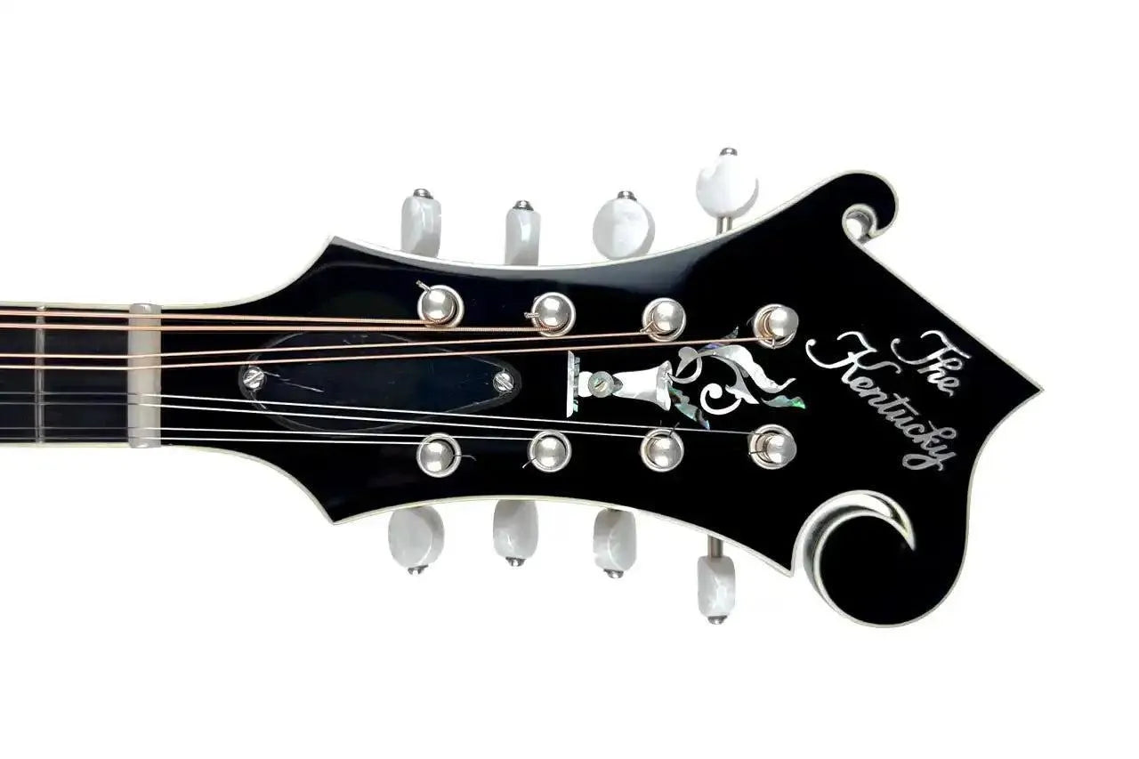 Kentucky KM-1050 F-Model mandolin headstock with "The Kentucky" mother-of-pearl inlay and silver Gotoh tuners.