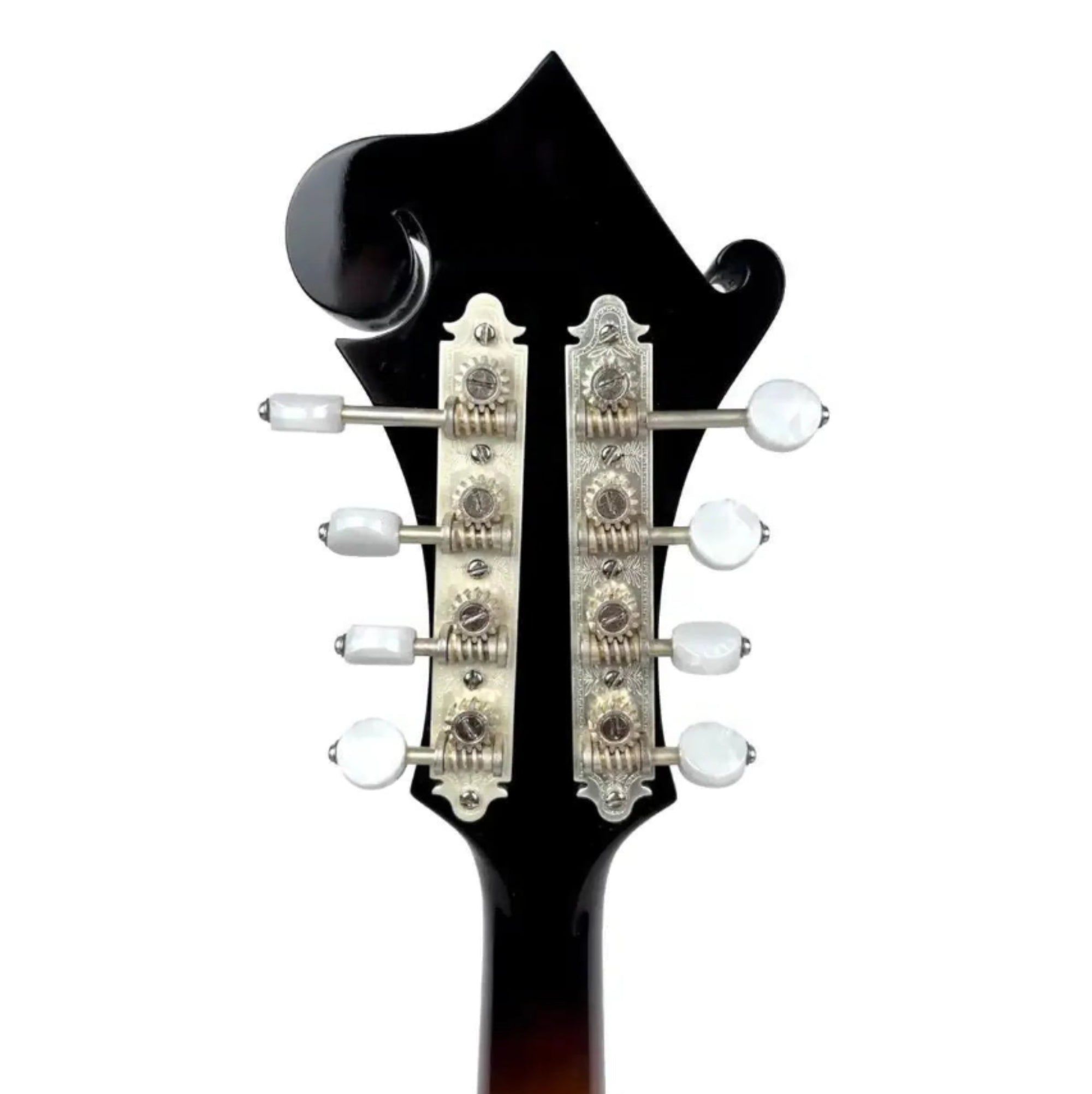 Kentucky KM-1050 F-Model mandolin headstock with silver-plated Gotoh tuners and white buttons.