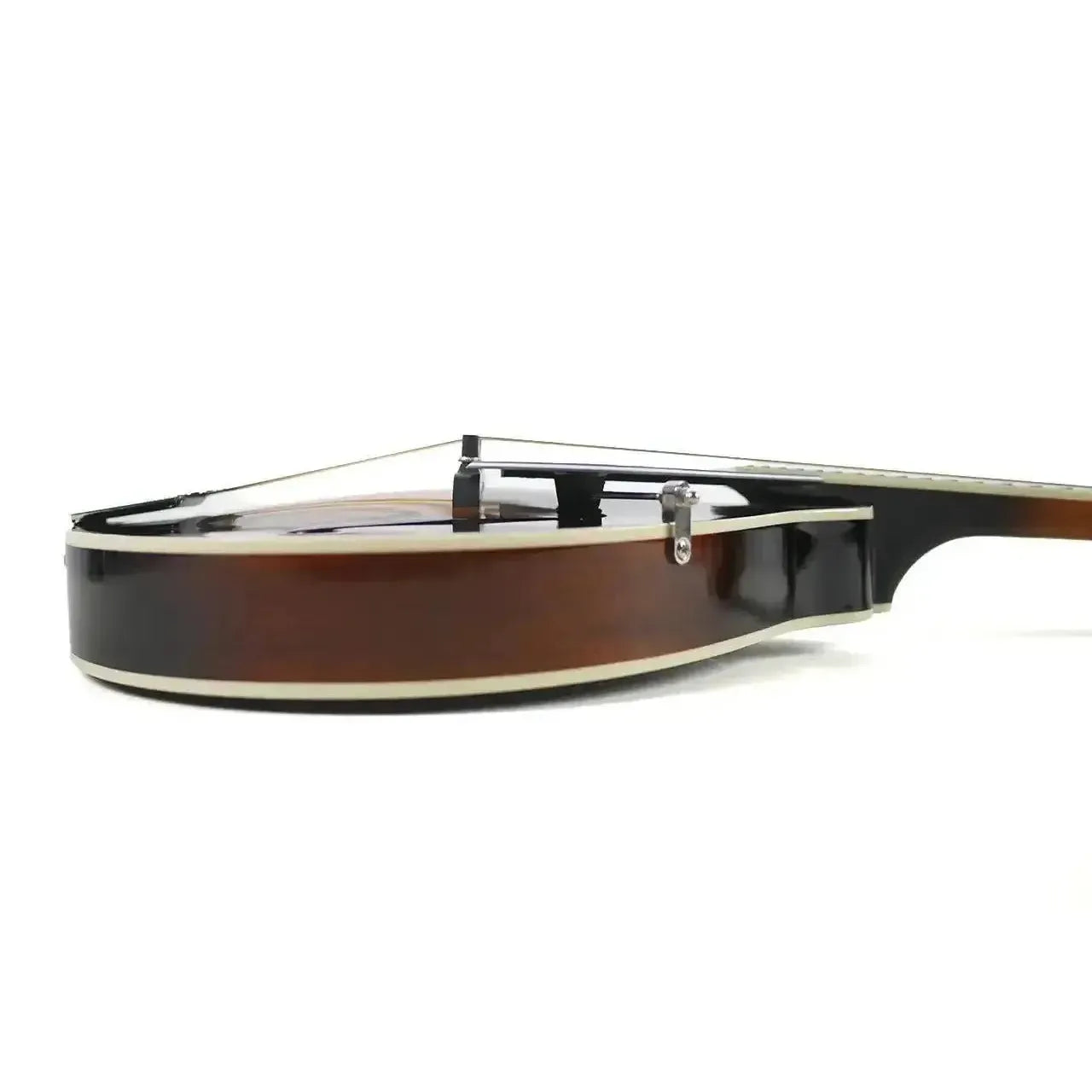 Side view of a Kentucky KM-140 A-Model mandolin with a sunburst finish and high-gloss body.