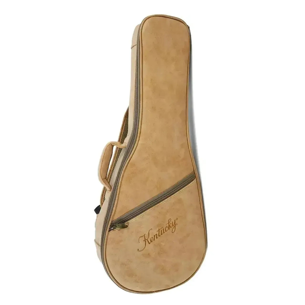 Kentucky mandolin gig bag in tan with a front zipper pocket and handle.