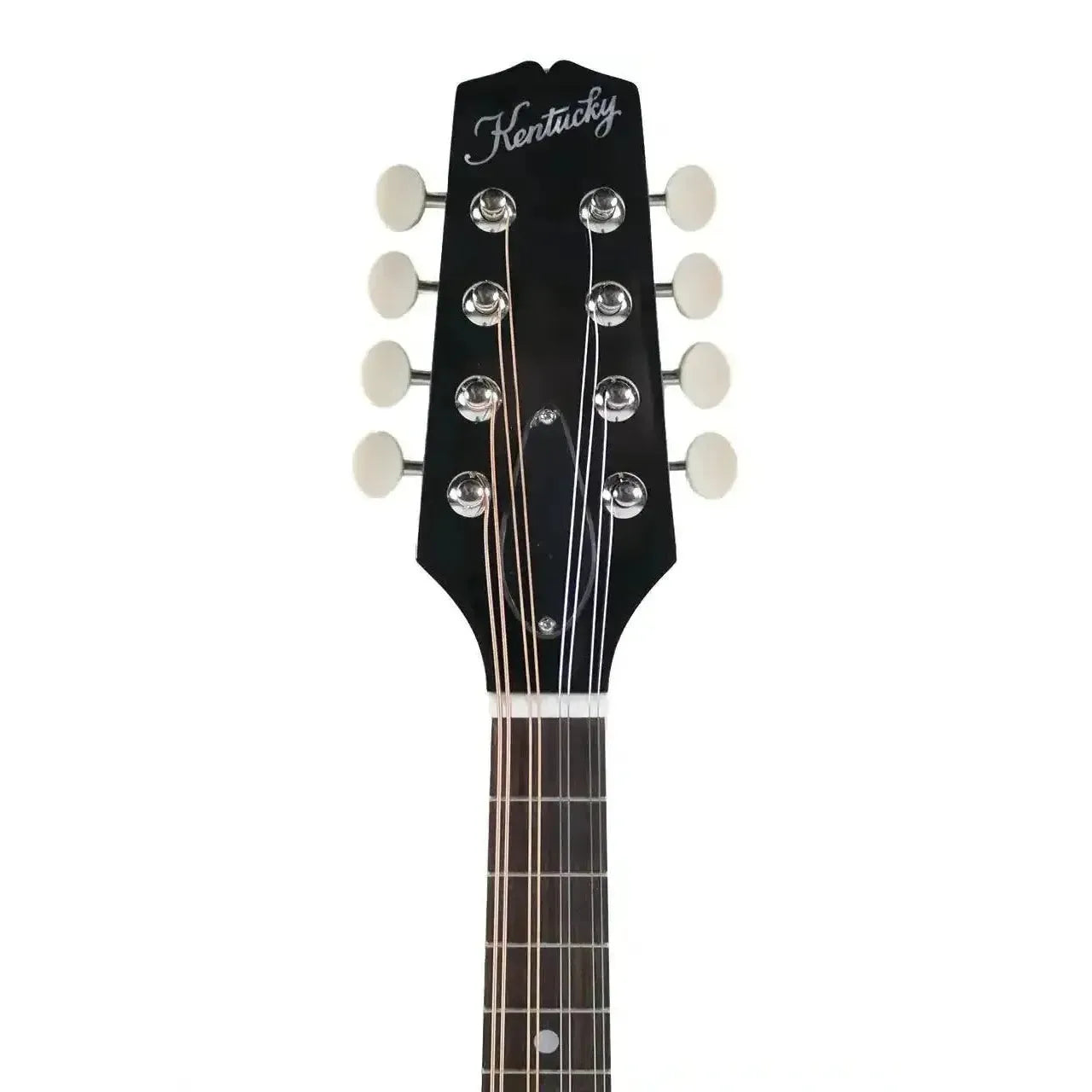Kentucky KM-140 A-Model mandolin headstock with black finish, white tuners, and "Kentucky" logo.