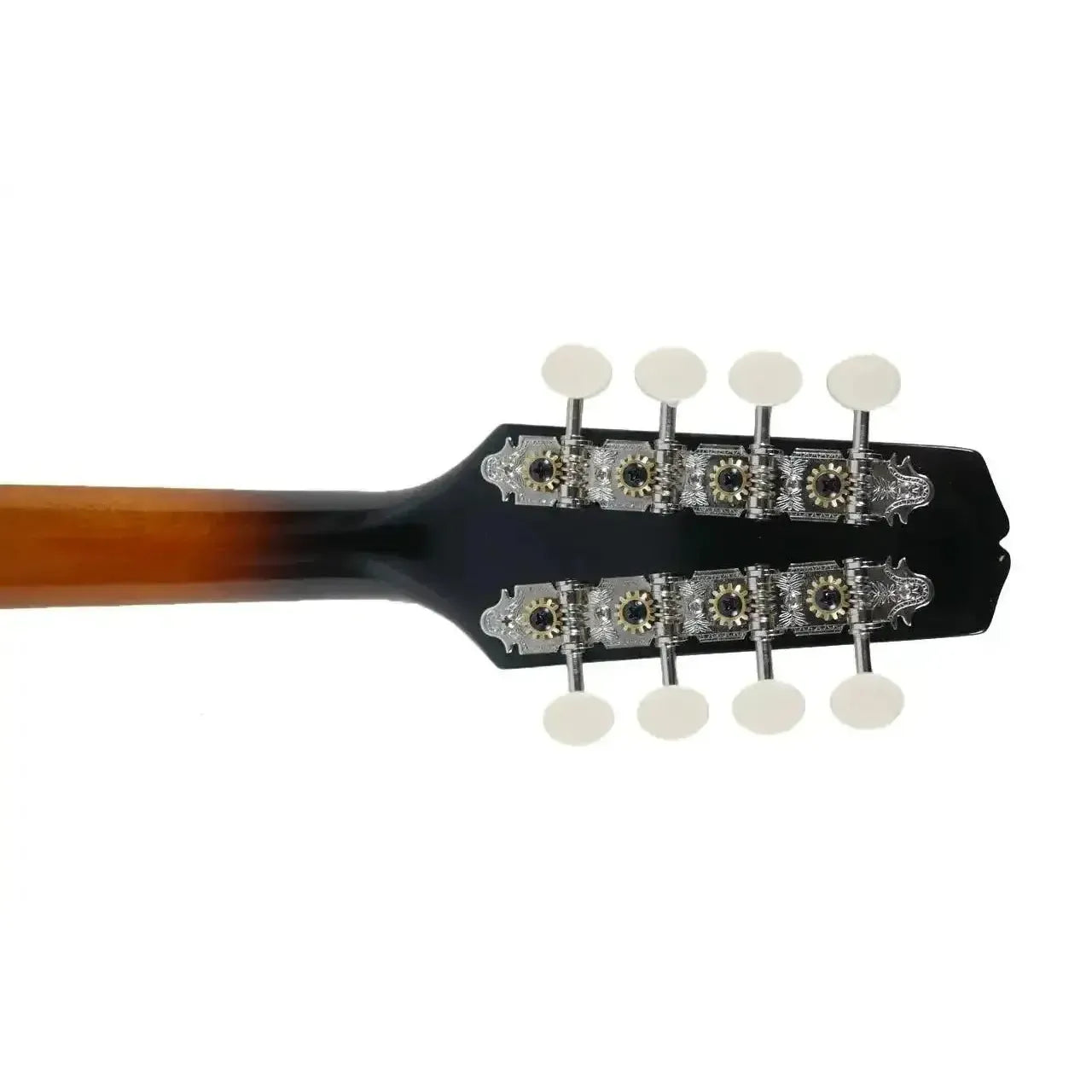 Kentucky KM-140 A-Model mandolin headstock with sunburst finish, black overlay, and eight nickel-plated tuners.