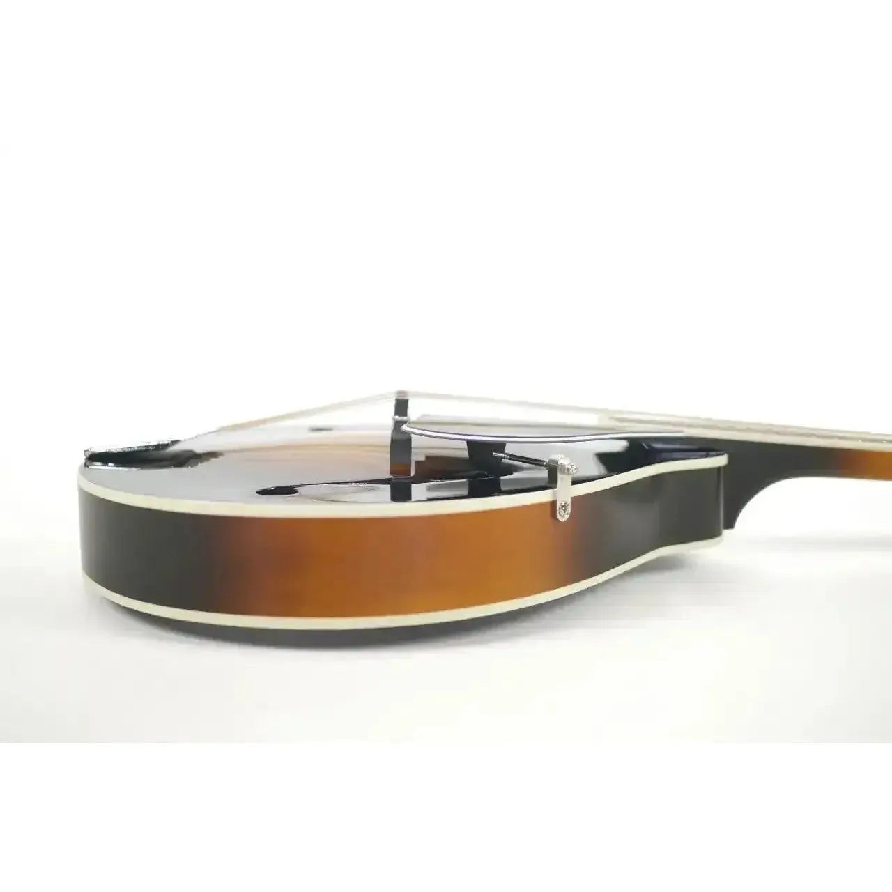 Side view of a Kentucky KM-150 A-Model mandolin with a sunburst high-gloss finish.