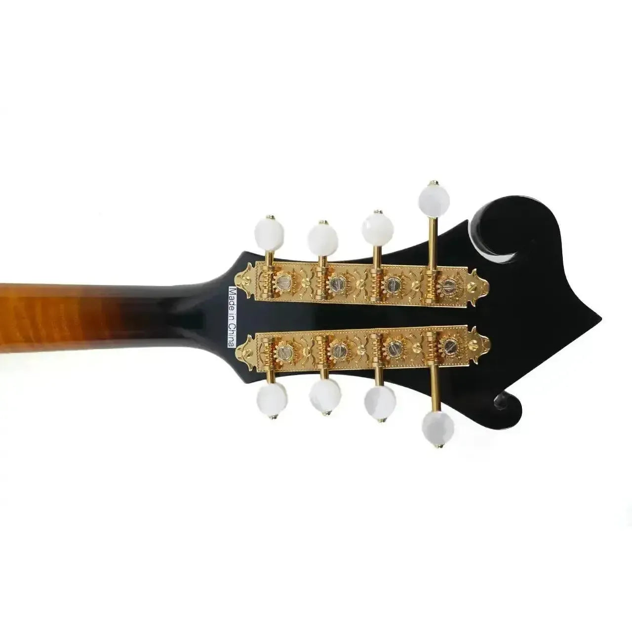 Kentucky KM-1500 F-Model mandolin headstock with gold-plated tuners and white buttons.
