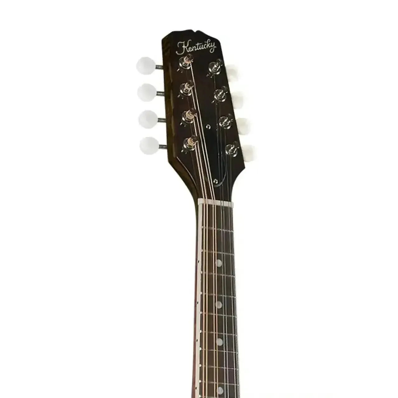 Kentucky KM-156 A-Model mandolin headstock with "Kentucky" logo, nickel tuners, and white buttons.
