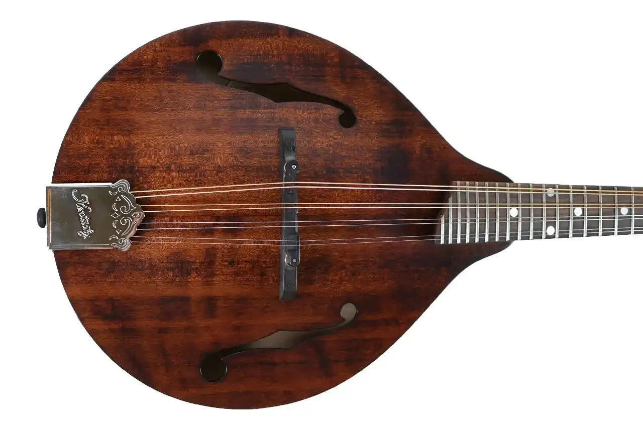 Kentucky KM-206 A-Model mandolin with satin brown finish, f-holes, and nickel-plated tailpiece.
