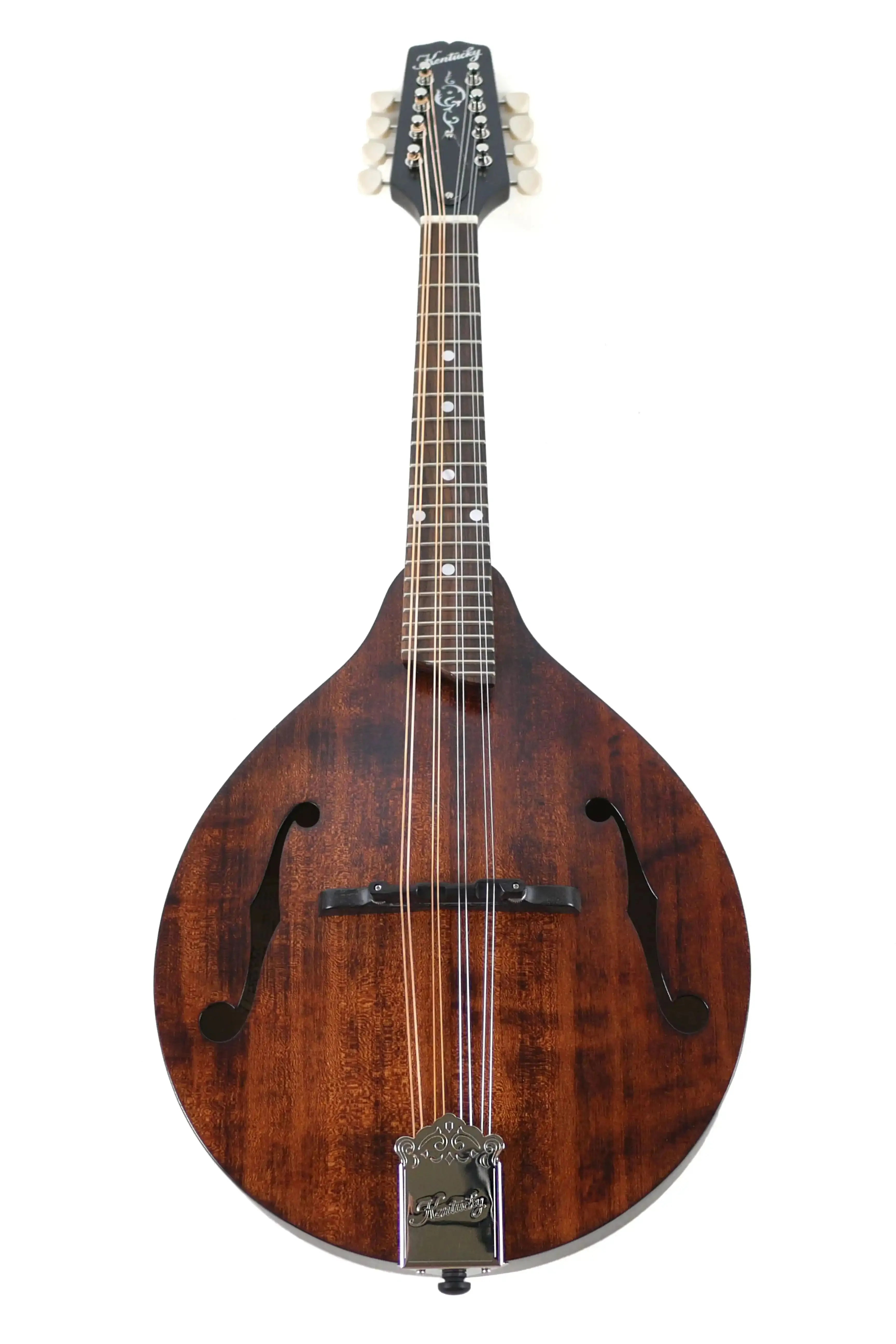 Kentucky KM-206 A-Model mandolin with satin brown finish, f-holes, and mother-of-pearl headstock inlay.