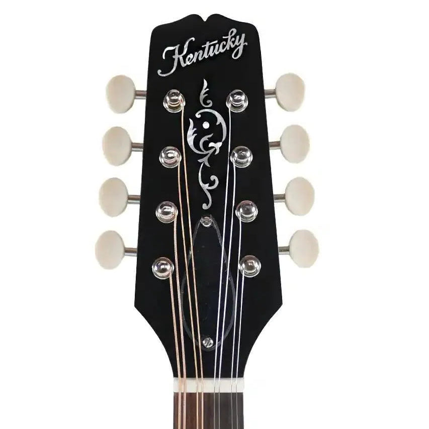 Kentucky KM-206 A-Model mandolin headstock with mother-of-pearl inlay, white buttons, and nickel tuners.