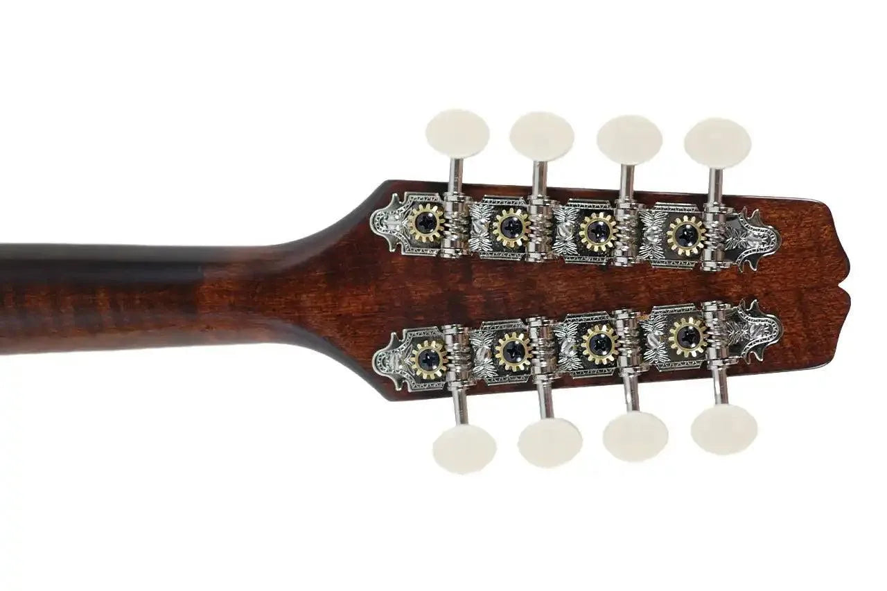Kentucky KM-206 A-Model mandolin headstock with satin brown finish, nickel-plated tuners, and white buttons.