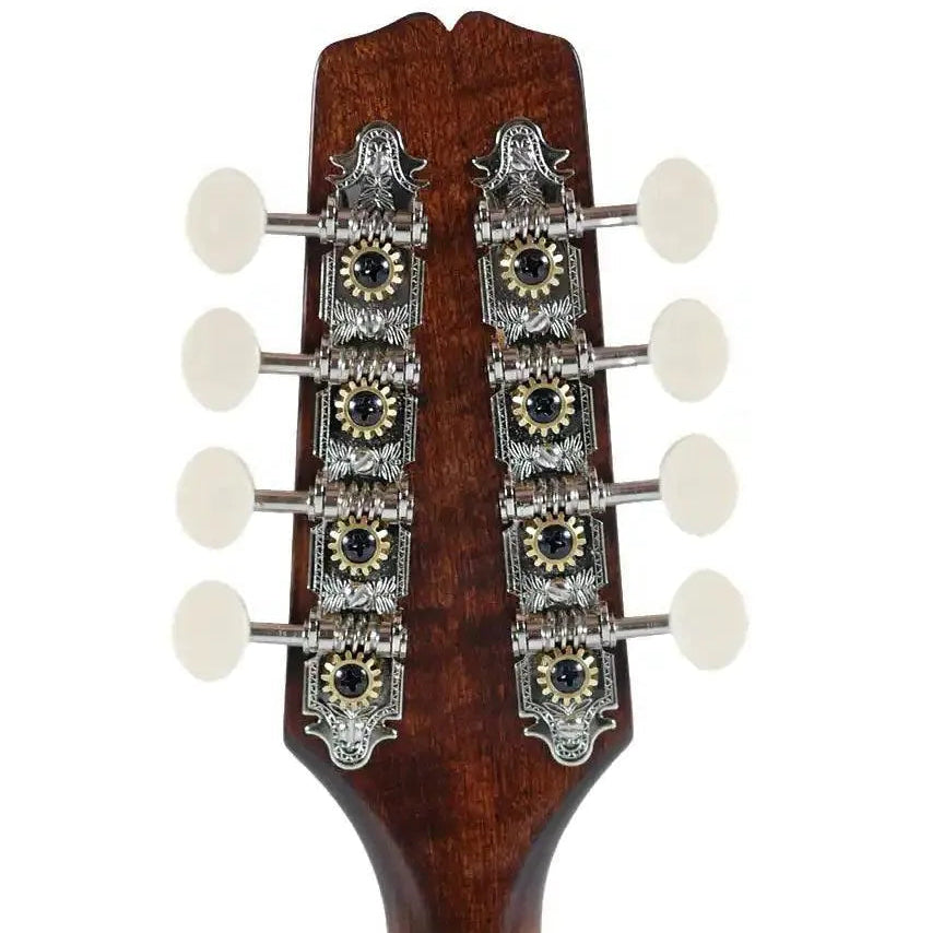 Kentucky KM-206 A-Model mandolin headstock with satin brown finish, nickel-plated tuners, and white buttons.
