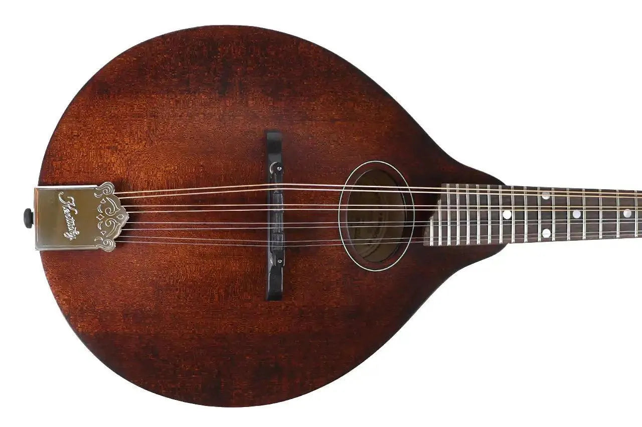 Kentucky KM-226 A-Model mandolin with satin brown finish, oval sound hole, and silver tailpiece.