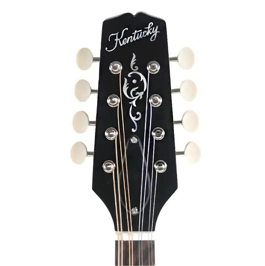 Kentucky KM-226 A-Model mandolin headstock with black finish, white logo, and ivory tuning pegs.