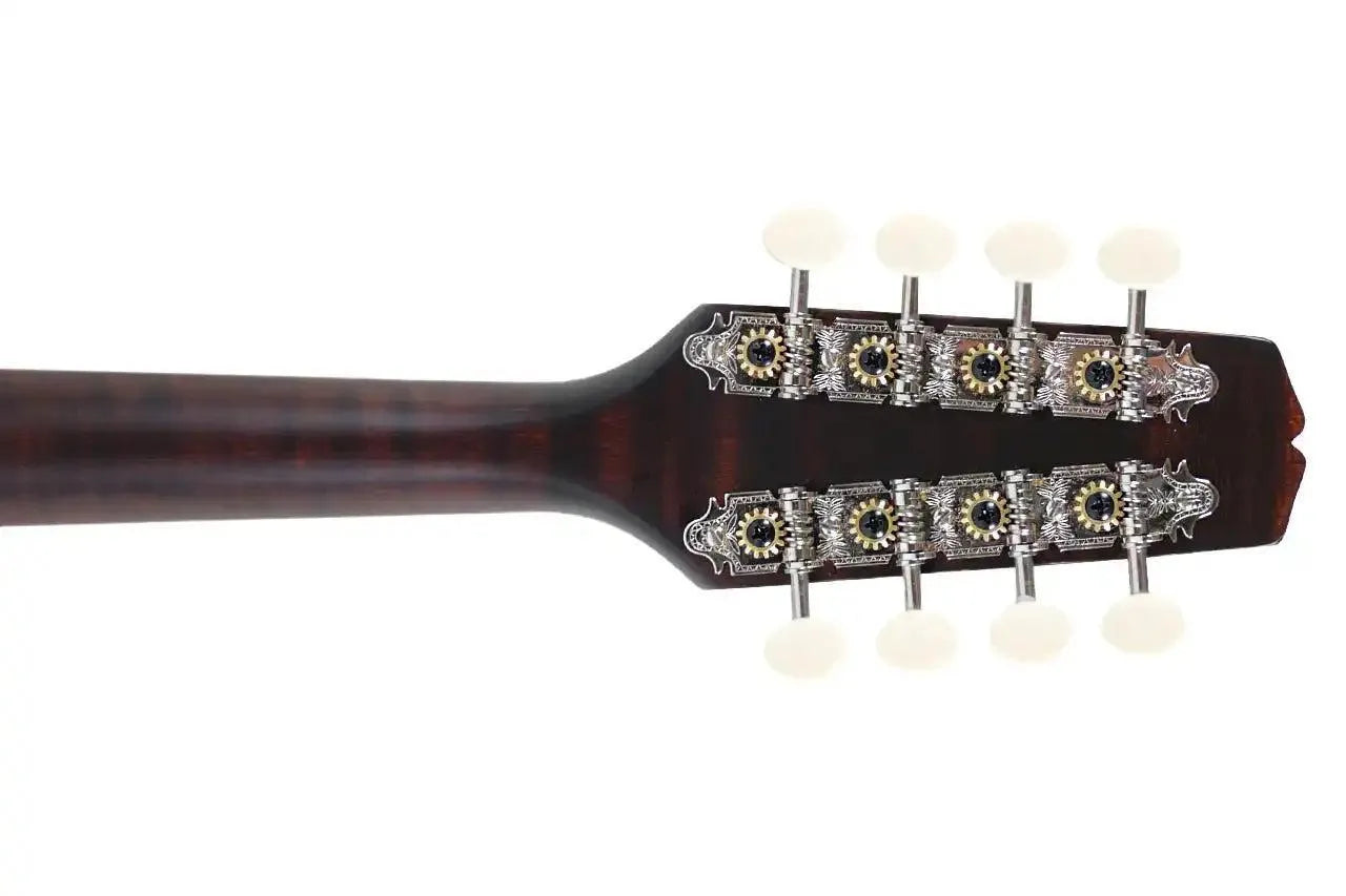 Kentucky KM-226 A-Model mandolin headstock with satin brown finish, ornate tuners, and cream buttons.