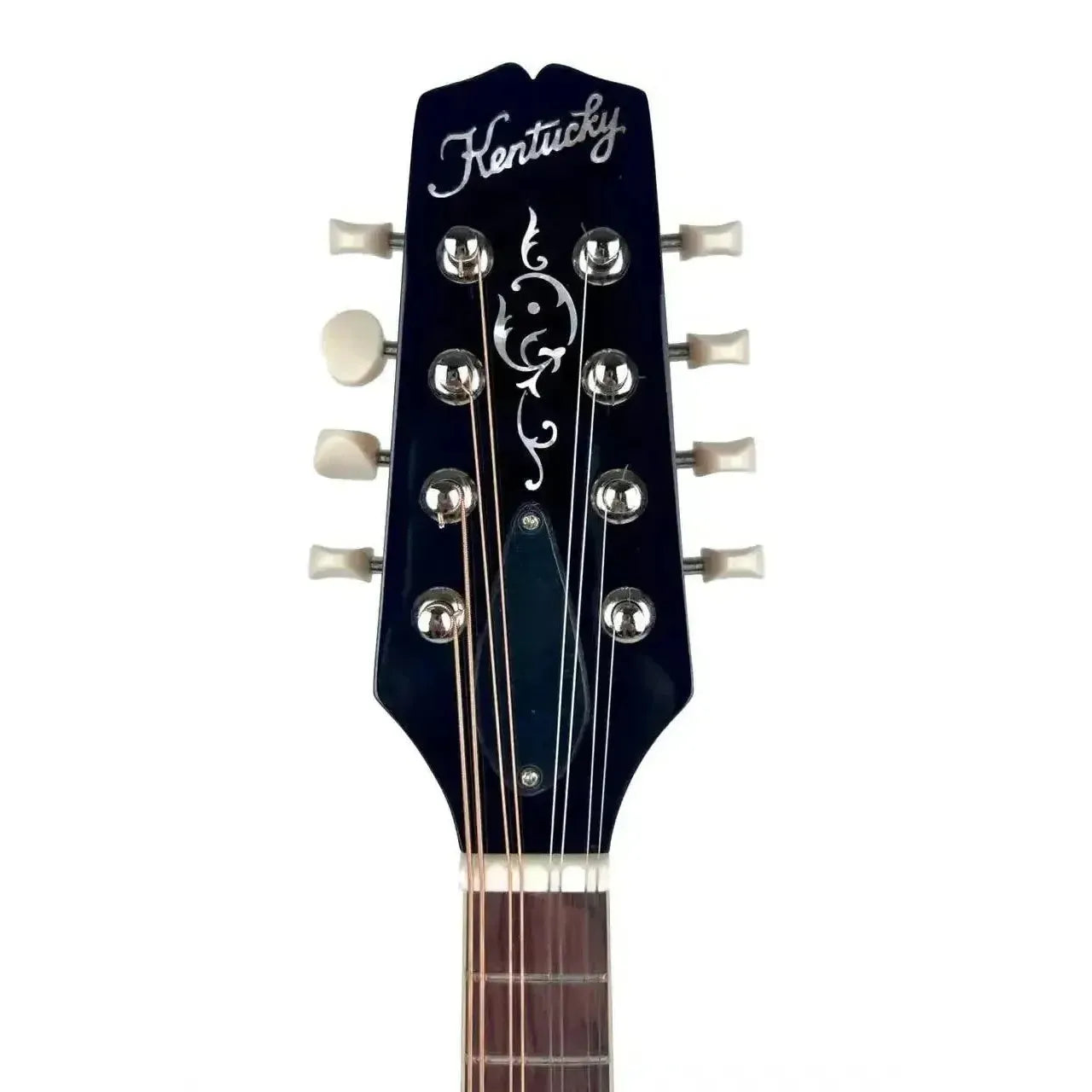 Kentucky KM-250 A-Model mandolin headstock with "Kentucky" script logo, ornate inlay, and white tuning pegs.