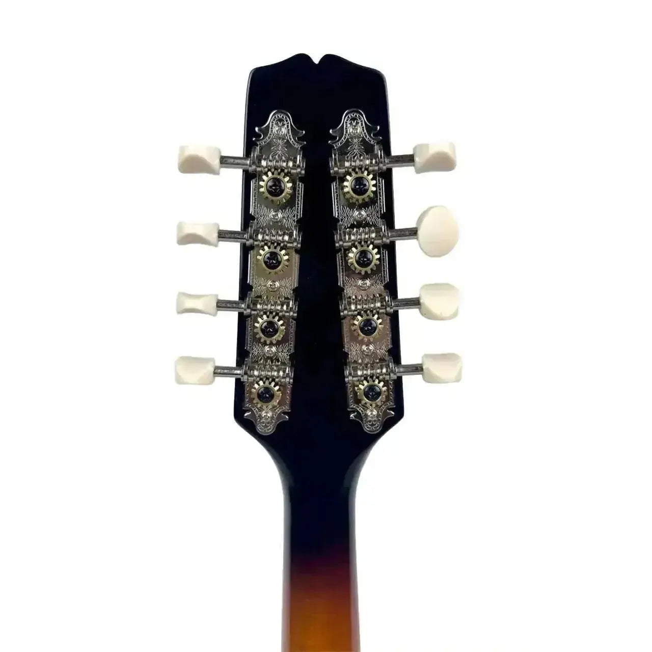 Kentucky KM-250 A-Model mandolin headstock with ornate tuning machines and cream buttons.