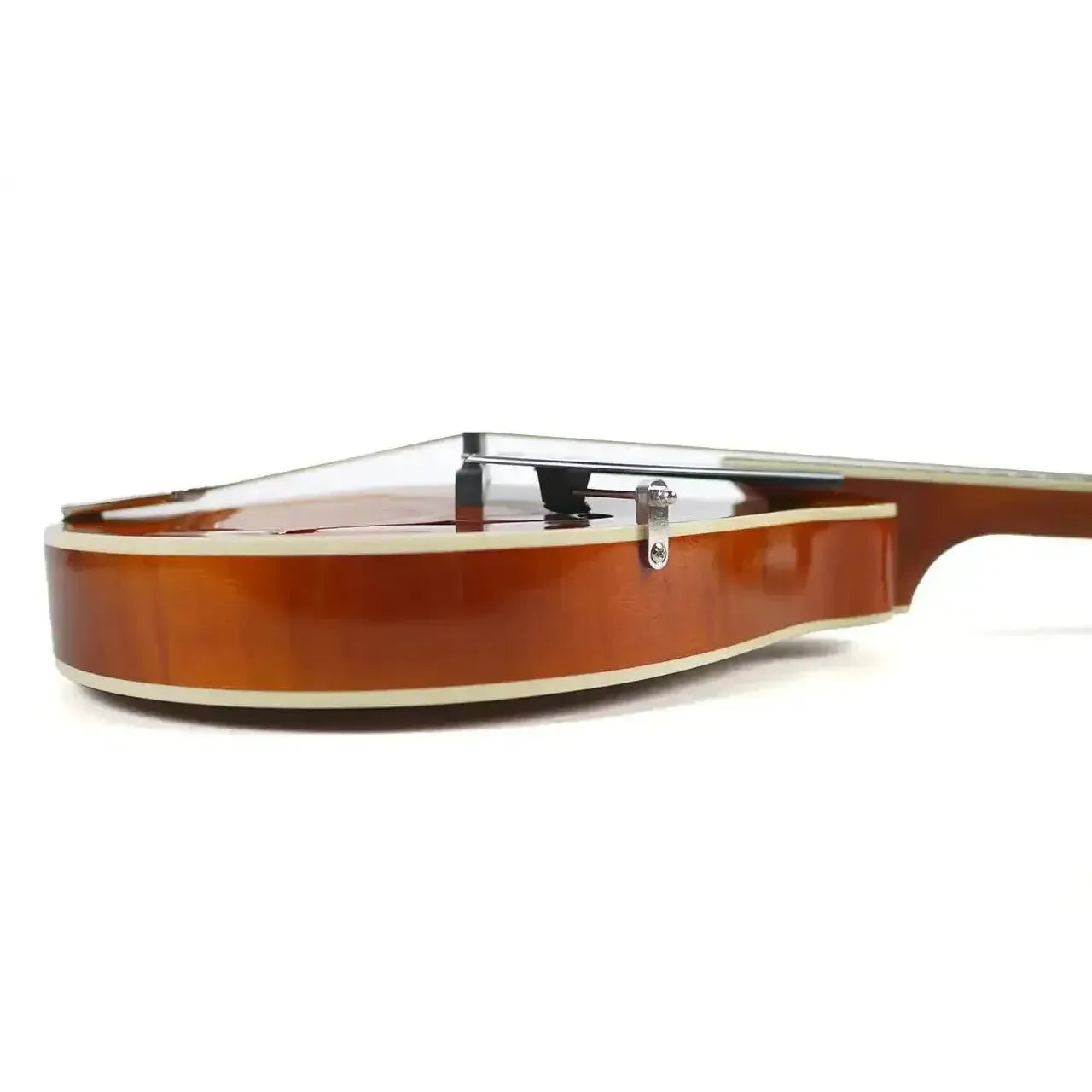Side view of a Kentucky KM-252 Amber A-Model mandolin with a high-gloss finish and rosewood bridge.