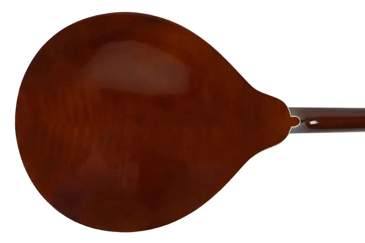 Kentucky KM-256 Brown Deluxe A-Model Mandolin, back view, with high-gloss brown finish and natural wood grain.