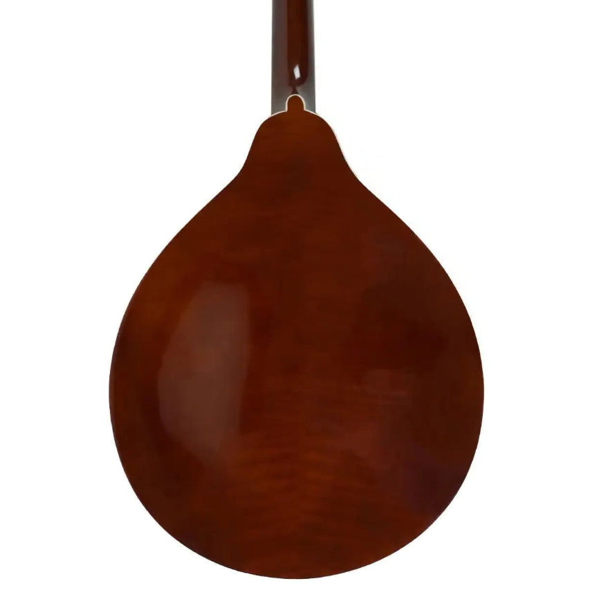Kentucky KM-256 Brown Deluxe A-Model Mandolin, back view, with high-gloss brown finish and natural wood grain.