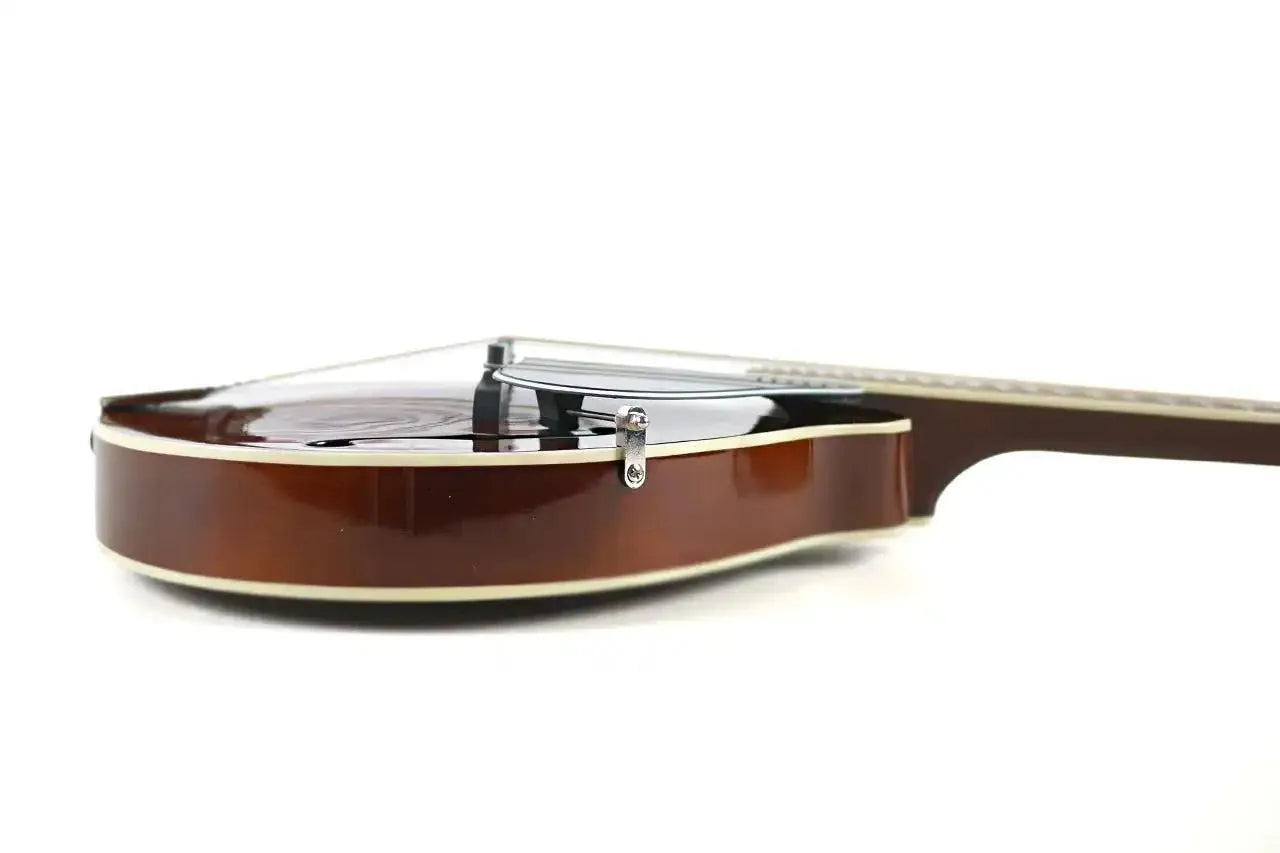 Kentucky KM-256 A-Model mandolin body, high-gloss brown finish, white binding, and clear pickguard.