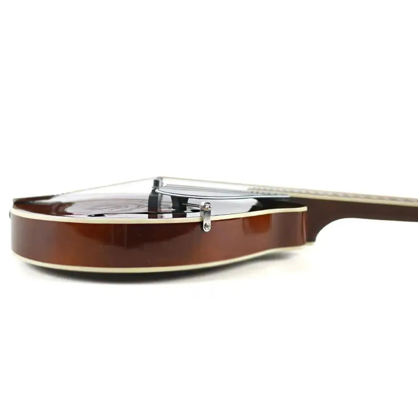 Kentucky KM-256 A-Model mandolin body, high-gloss brown finish, white binding, and clear pickguard.