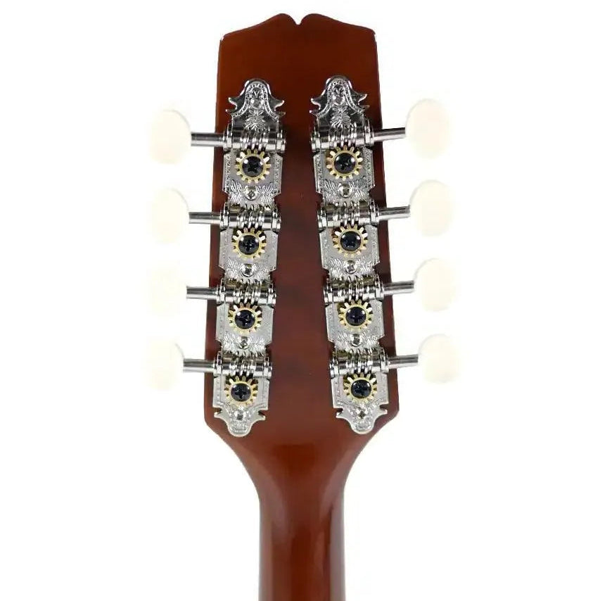 Kentucky KM-256 A-Model mandolin headstock with nickel-plated tuners and white buttons.