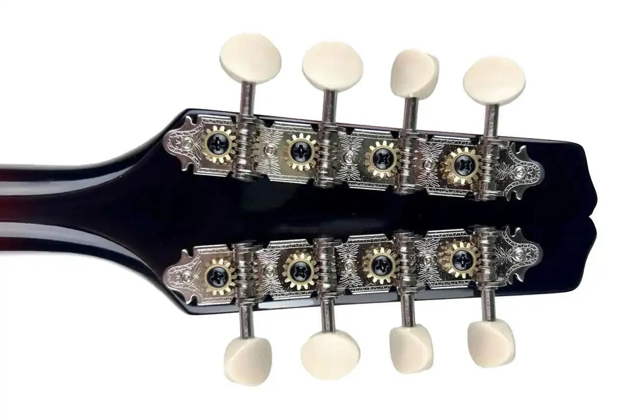 Kentucky KM-270 A-Model mandolin headstock with nickel-plated tuners and white buttons.