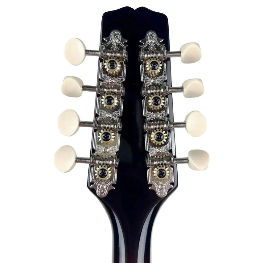 Kentucky KM-270 A-Model mandolin headstock with nickel-plated tuners and white buttons.