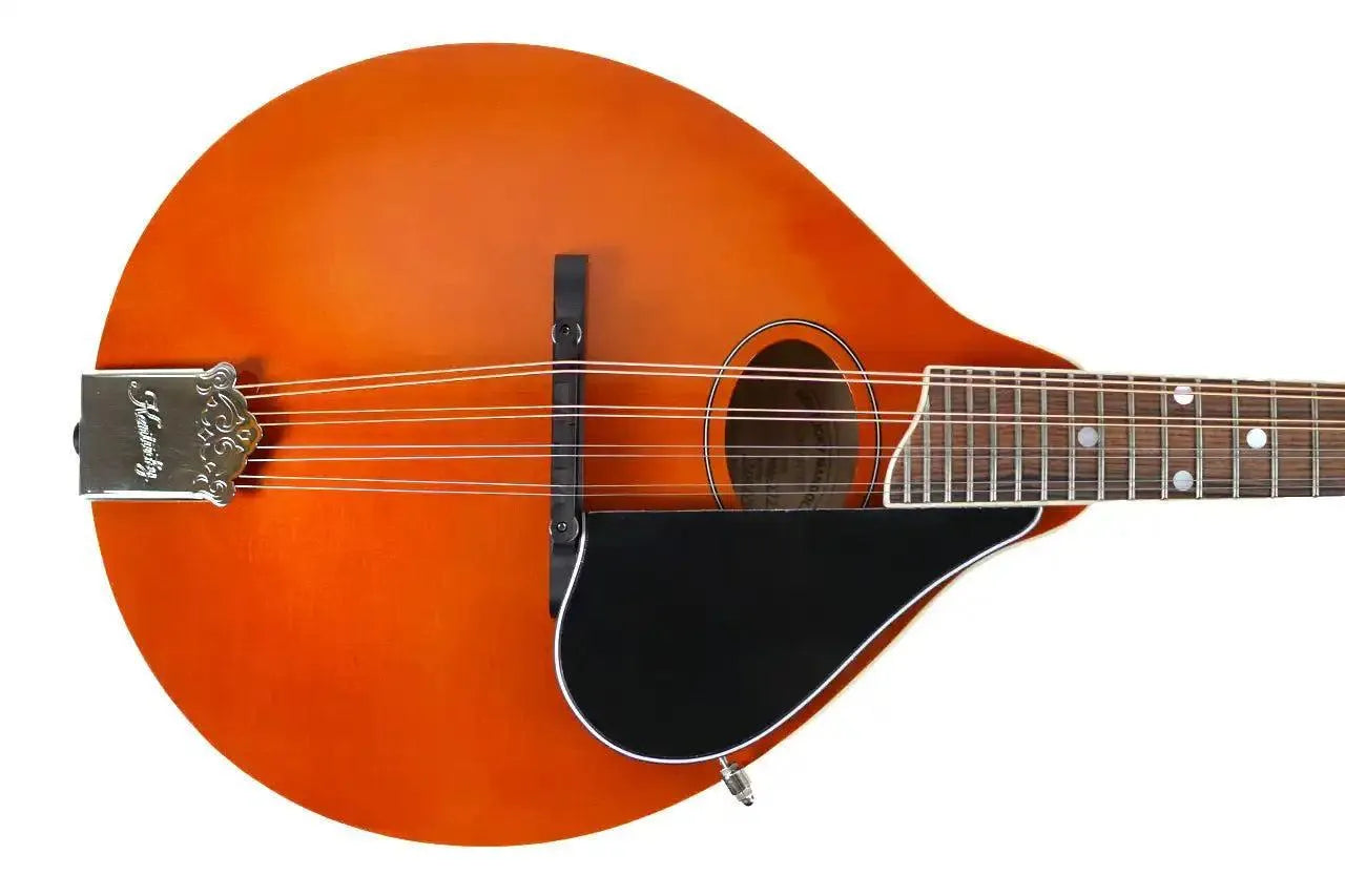 Kentucky KM-272 Amber Deluxe A-Model Mandolin with oval hole, black pickguard, and engraved tailpiece.