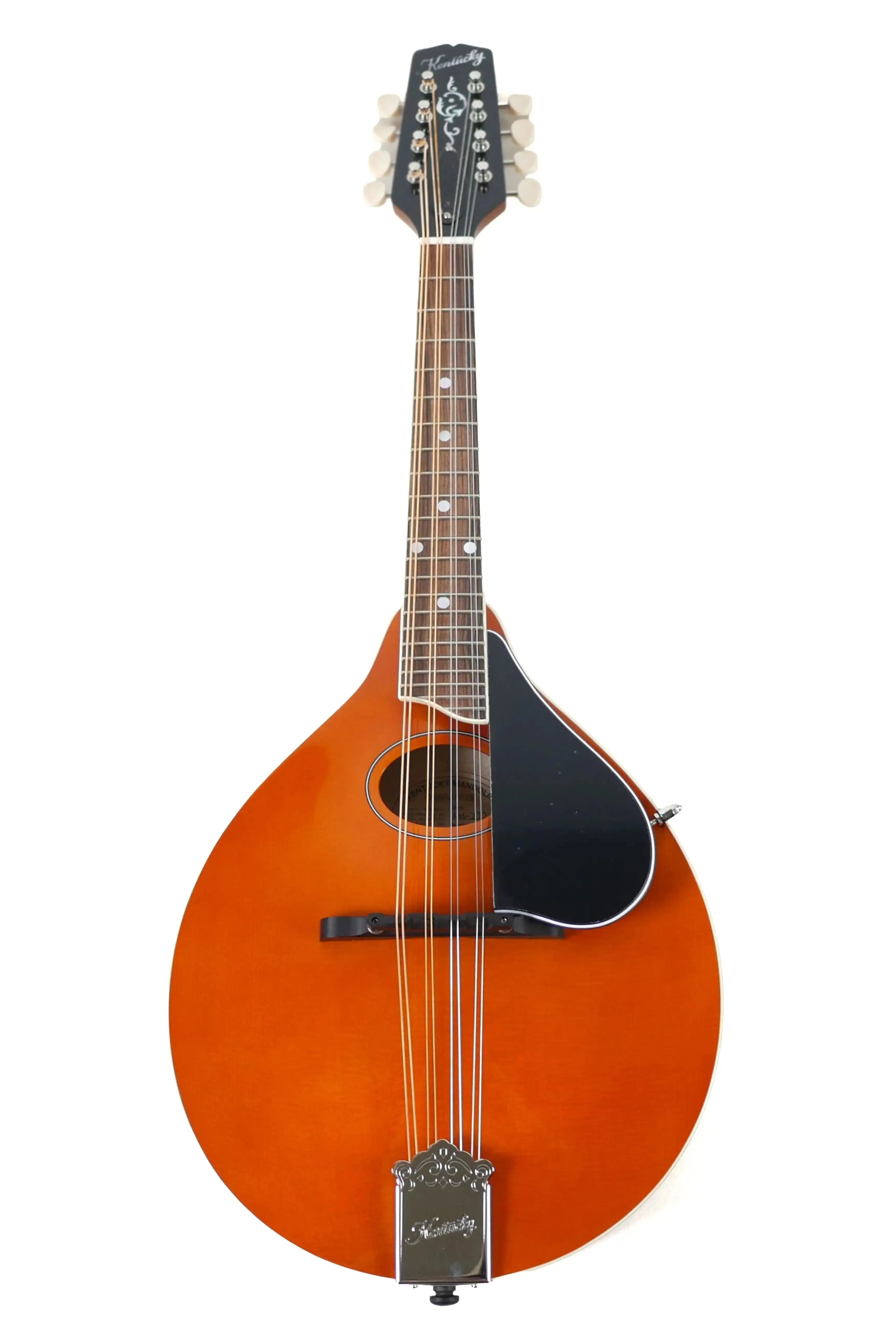 Kentucky KM-272 Amber Deluxe Oval Hole A-Model Mandolin with black pickguard and chrome hardware.